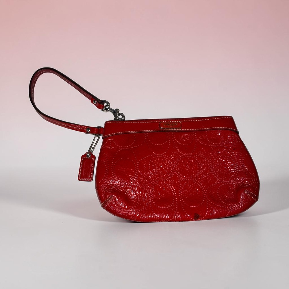 Coach Signature Stitched Red Crinkle Patent Leather Wristlet Zip Pouch Bag